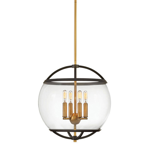 Calvin Collection 4-Light Pendant in Black with Heritage Brass Accents and Open Clear Glass Sphere 3934BK $581.90