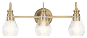 Greenbrier Collection 3 light bath light's teardrop-shaped shades feature clear seeded glass for added visual interest.