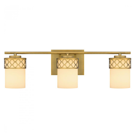 Tenley Collection 3-Light Bath Vanity in Aged Brass with Geometric-Wrapped Opal Etched Glass Shades TEN8624AB