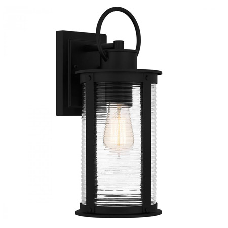 Tilmore Collection 1-Light Outdoor Wall Mount Lantern in Matte Black with Clear Ribbed Glass Shade TLM8406MBK