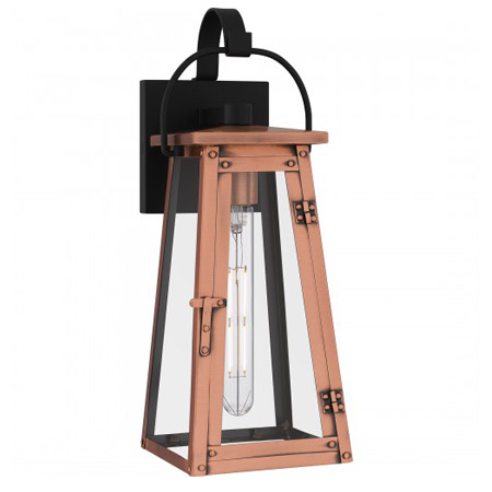 Carolina Collection 1-Light Outdoor Wall Mount Lantern in Aged Copper and Black with Clear Glass Panels CLN8406AC