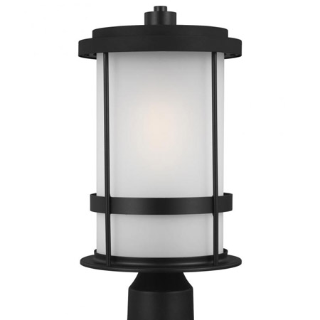 Wilburn Collection 1-Light Outdoor Post Mount Lantern in Black with Satin Etched Glass Shade Visual Comfort 8290901-12