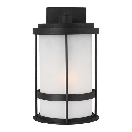 Wilburn Collection 1-Light Outdoor Wall Mount Lantern in Black with Satin Etched Glass Shade Visual Comfort 8690901-71