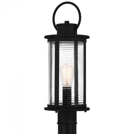 Tilmore Collection 1-Light Outdoor Post Mount Lantern in Matte Black with Clear Ribbed Glass Shade QUOIZEL TLM9007MBK