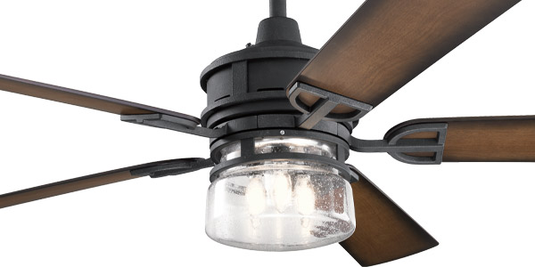 Kichler 310240DBK 60” Lyndon (indoor/outdoor) 5’blade ceiling fan with distressed black finish and walnut shadowed blades