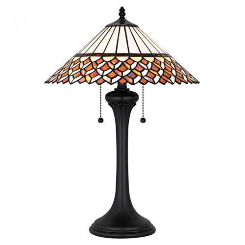 Isla Collection 2-Light Tiffany Style Table Lamp in Black with Cream, Amber & Black Glass Shade Quoizel TF6815MBK