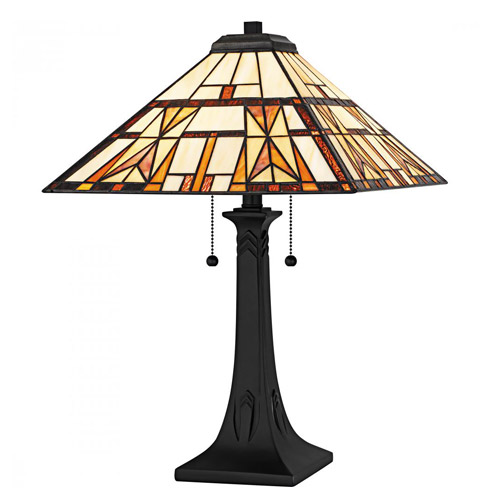 Kaylor Collection 2-Light Tiffany Style Table Lamp in Black with Cream, Amber & Black Glass Shade Quoizel TF6814MBK