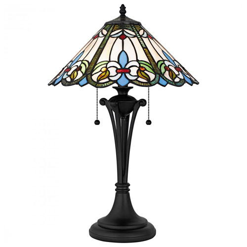 Giles Collection 2-Light Tiffany Style Table Lamp in Black with White, Green, Blue & Red Glass Shade Quoizel TF6764MB