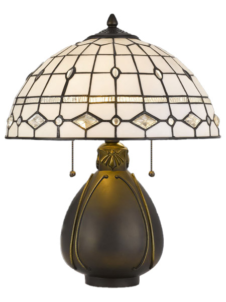 Tiffany Collection 2-Light Table Lamp in Dark Bronze with Diamond and Ova Patterned Glass Shade CAL BO2942TB