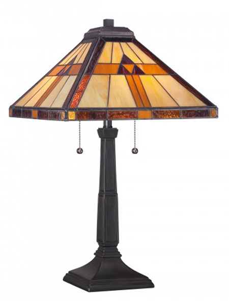 Bryant Collection 2-Light Table Lamp in Valiant Bronze with Neutral Toned Hand-Assembled Glass Shade Quoizel TF1427T