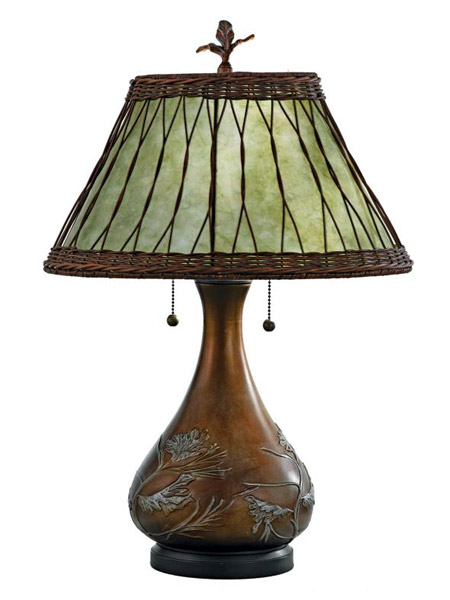 Highland Collection 2-Light Table Lamp in Pine Branch Embossed Bronze Base and Soft Green Mican and Wicker Shade Quoizel MC120T