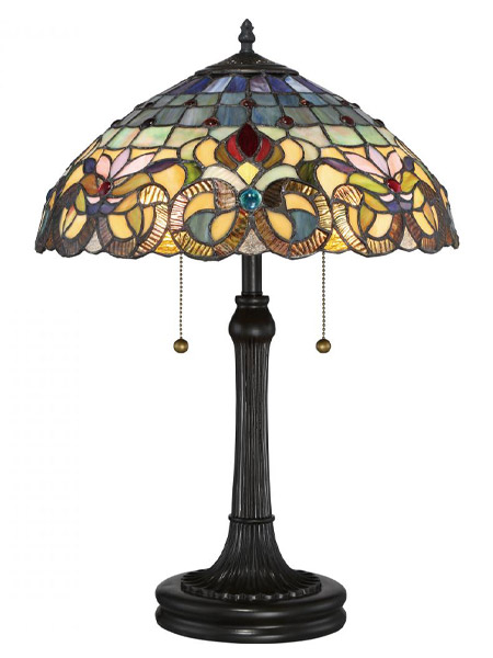 Tiffany Collection 2-Light Table Lamp in Vintage Bronze with Multicolor Hand-Assembled Glass Shade Meyda TF3180TVB