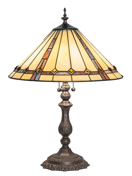 Belvidere Collection 2-Light Table Lamp in Mahogany Bronze Beige Iridescent Glass Shade and Amber Jewels Meyda SG136-16-1