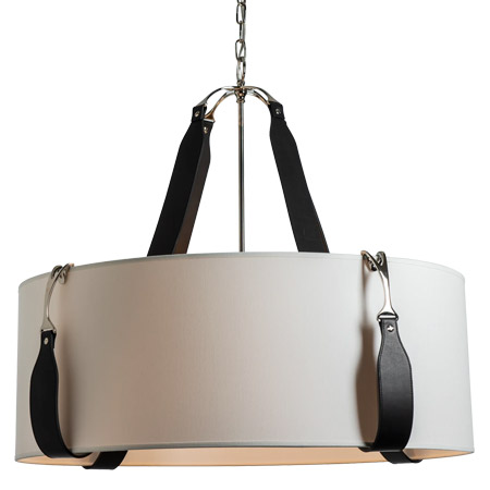 Saratoga Collection 4-Light Pendant in Antique Brass with Cream Linen Drum Shaded Suspended with British Brown Leather Straps 104072-SKT-27-LB-SE2812